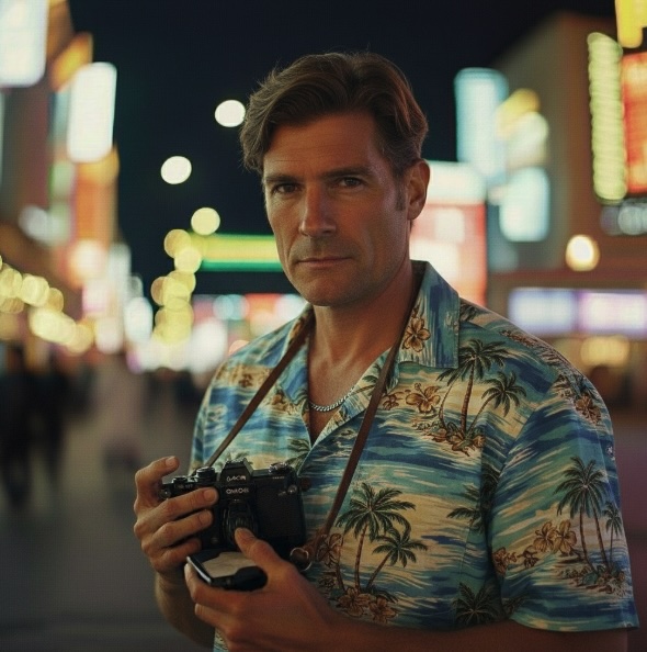 A journalist style image of a man out on the street, he is holding a camera out on the street with lights behind him