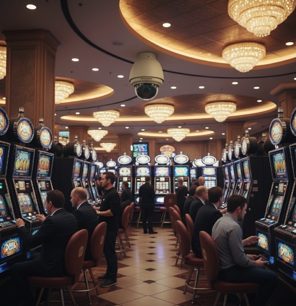 A security camera in a slot machine area in a casino