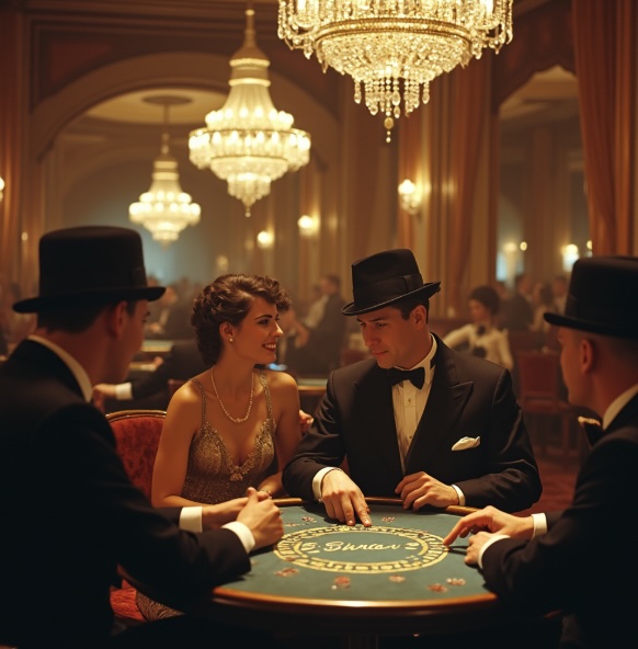 Men and a woman sitting around a table in a casino dressed in old fashioned glamorous clothes