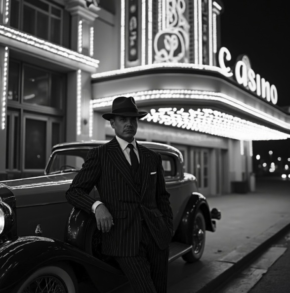 A man standing outside a casino leaning against his car, thr image is black and white