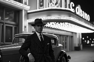 A man standing outside a casino leaning against his car, thr image is black and white