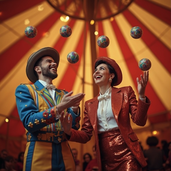 A man and woman juggling in a bog top circus tent