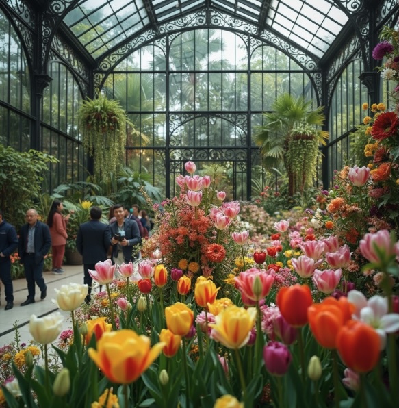 A conservatory style building with a floral display for people to walk around