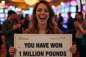 A woman standing in a casino holding a giant cheque which says YOU HAVE WON 1 MILLION POUNDS