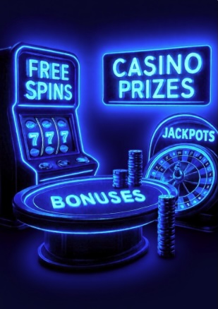 Dark-themed image showcasing jackpots, casino prizes, bonuses, and free spins represent promotional rewards.