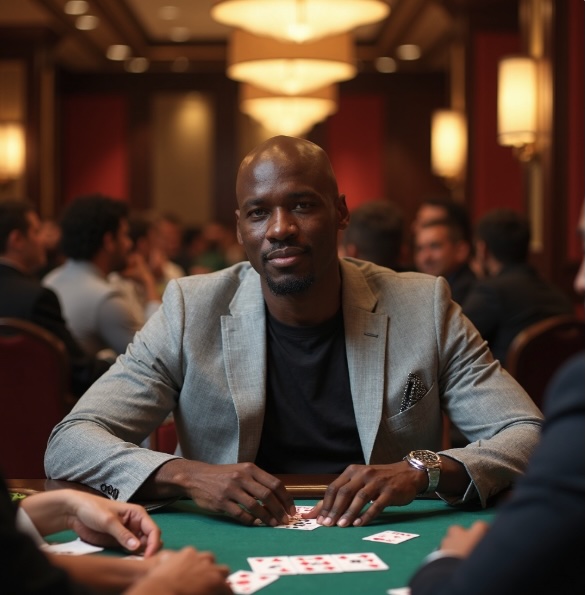 A coloured man sitting in a casino wearing a grey suit jacket over his black tshirt