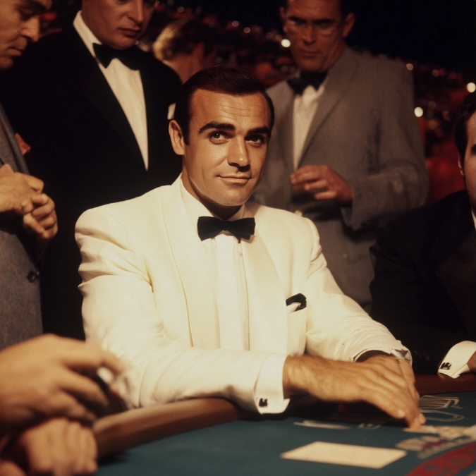 A man sitting in a casino wearing a white suit jacket, white shirt and black bow tie at a live dealer table