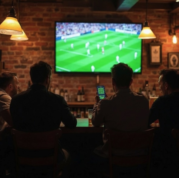 A group of men sitting in a pub watching football on the big screen while one is betting on his mobile phone