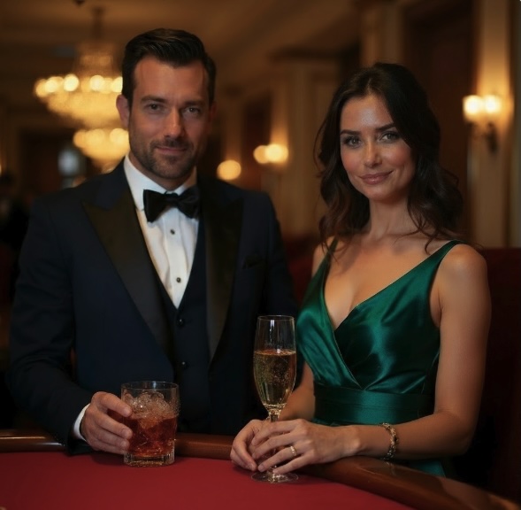 A man wearing a suit standing next to a lady in an elegant green dress standing at a live dealer table in a casino