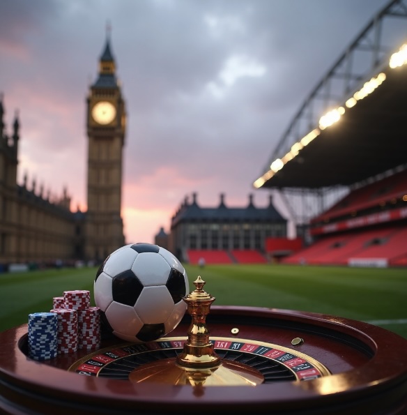 On the left is Big Ben and on the right in a football stadium with a roulette wheel at the front of the image with poker chips and a small football on it