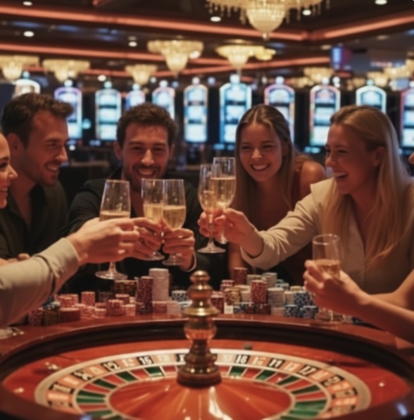 A group of friends celebrating with champagne around a roulette table