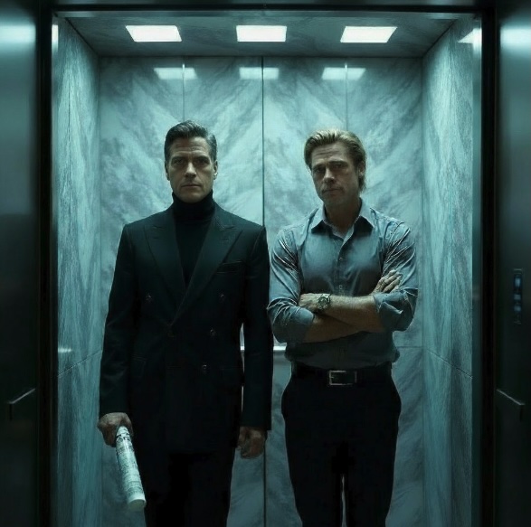 Two men standing in a lift, the one on the left wearing a grey shirt and black trousers and the one on the right wearing a black suit and black turtle neck jumper