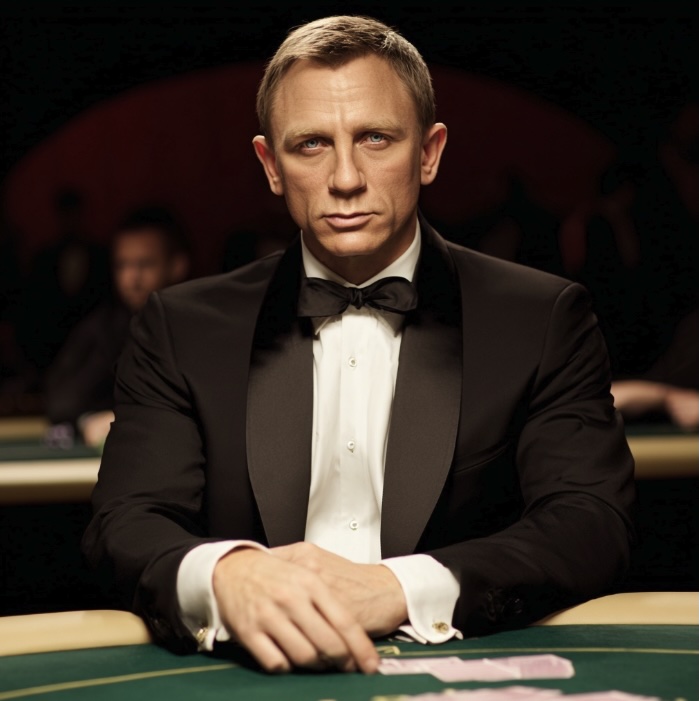 A man sitting in a dimly lit casino wearing a tuxedo and bow tie, sitting at a live dealer table