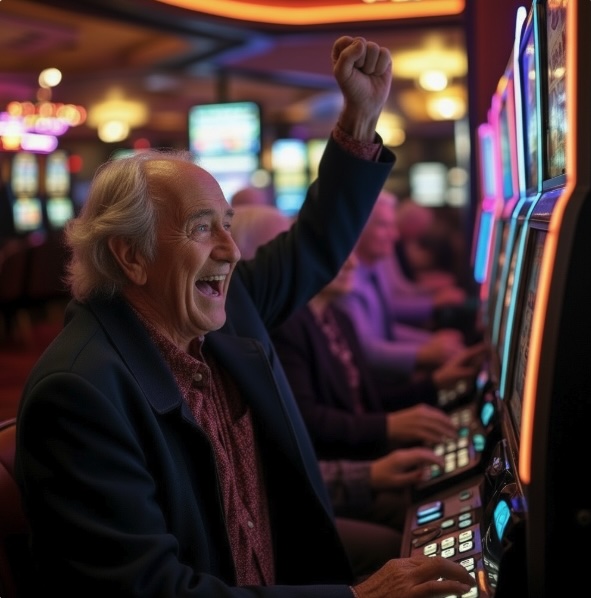 Set in a casino, an older man sitting at a slot machine cheering as he has won a big prize