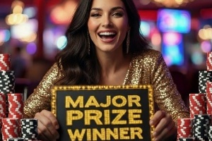 A female sitting at a blue felt top live dealer table in a casino holding a sign saying MAJOR PRIZE WINNER surrounded by poker chips