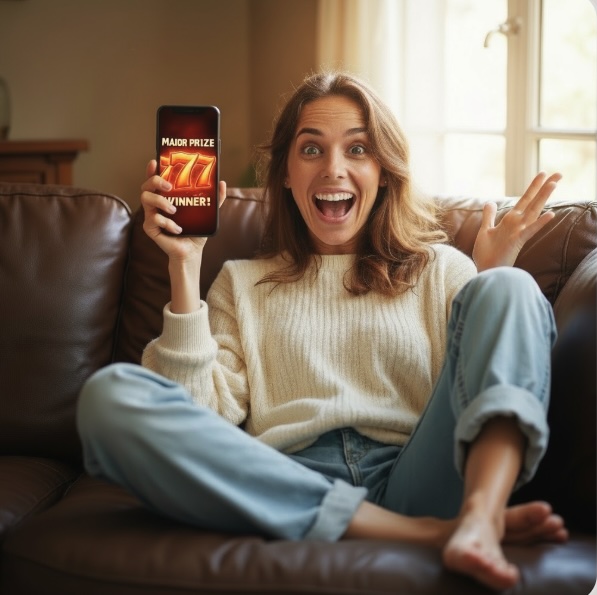 A woman sitting on her brown leather sofa in her lounge room with her mobile phone in her hand showing she has won a major prize on the slots