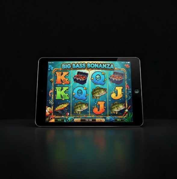 An ipad on a black background, with fish themed slot reels on the screen