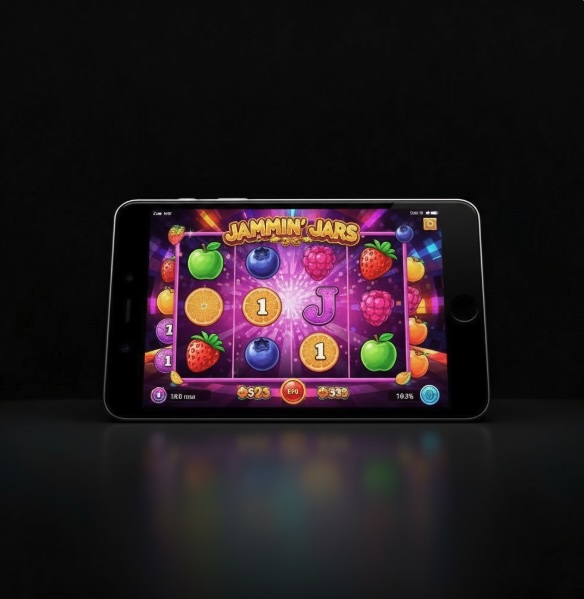 A black background with a mobile phone in the centre with a fruit themed slot reel game on the screen