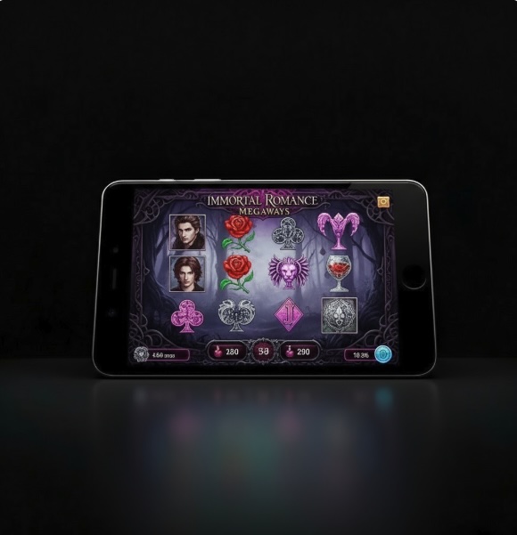 Black background with a mobile phone in the middle with an immortal romance style slot game on the screen