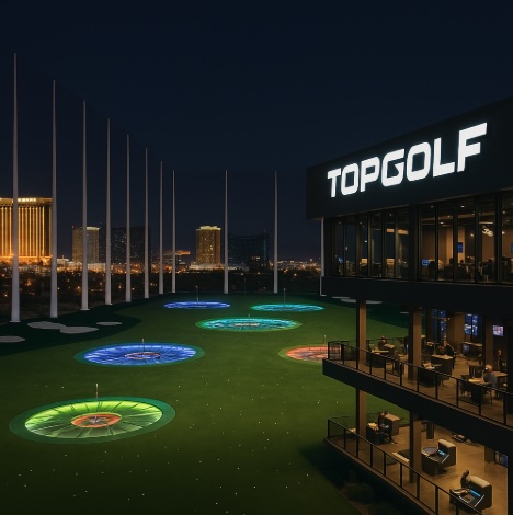 A night time image of a golf themed attraction in Vegas