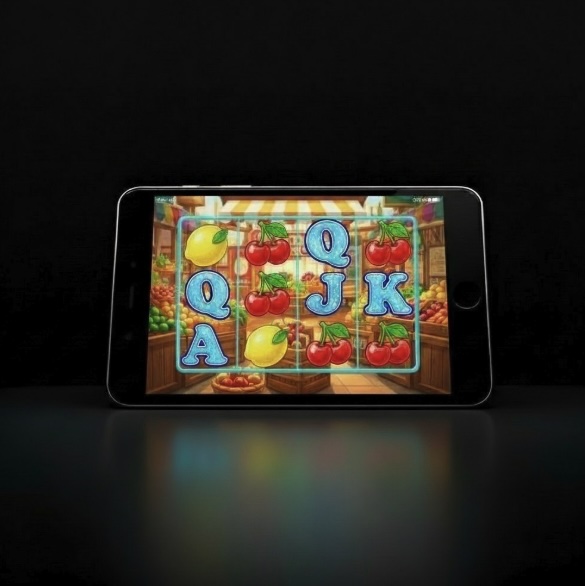 A mobile phone in the middle of a black screen with a fruit shop themed slot machine on the screen