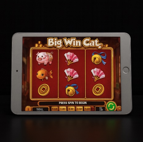 An image of a silver ipad on a black background, on the ipad screen is an online slot game similar to BIG WIN CAT