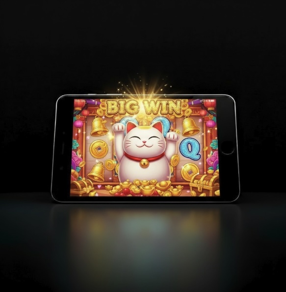 A black background with a mobile phone in the middle with a Big Win Cat in the middle of the slot game image