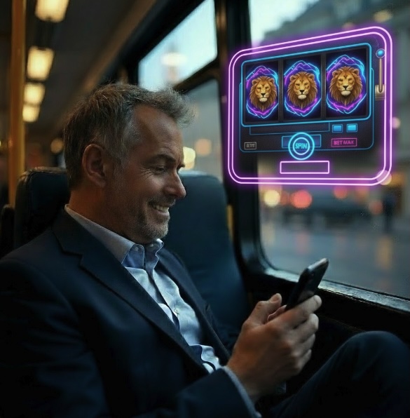 A man sitting on a train playing slots on his mobile phone showing the winning reels in a bubble coming up from his phone