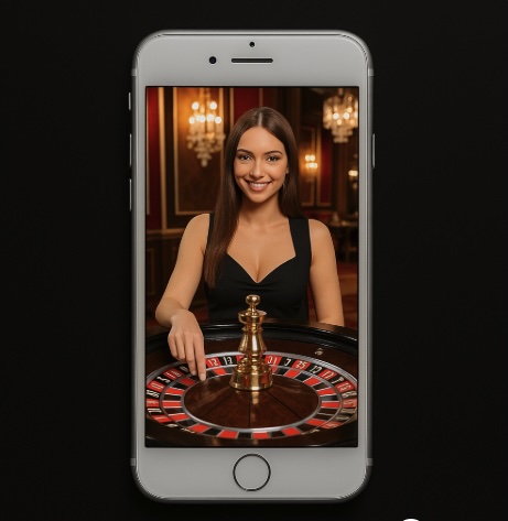 A black background with a mobile phone in the centre, on the screen there is a croupier standing behind a roulette wheel in a casino setting