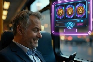 A man sitting on a train playing slots on his mobile phone showing the winning reels in a bubble coming up from his phone