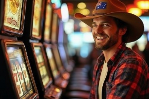 A man wearing australian style clothing so a flannel shirt with camel coloured shorts and an akubra hat sitting at a pokie machine