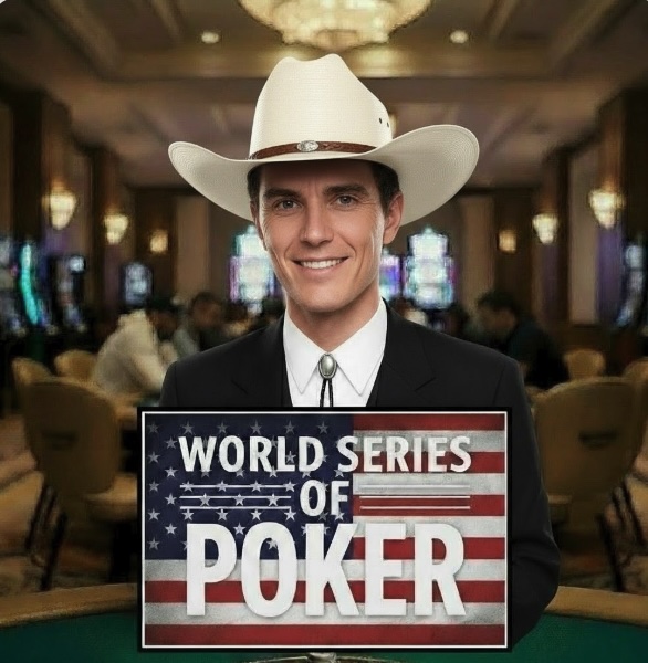 Set in a casino, a man sat at a live dealer table behind a sign saying WSOP with an american flag in the background