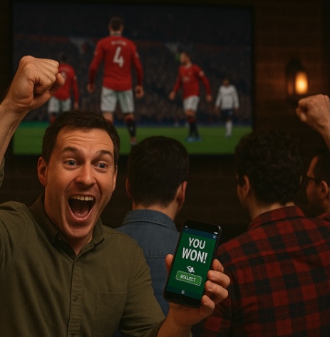 A man watching football on the big screen with friends and he has won on footy online betting