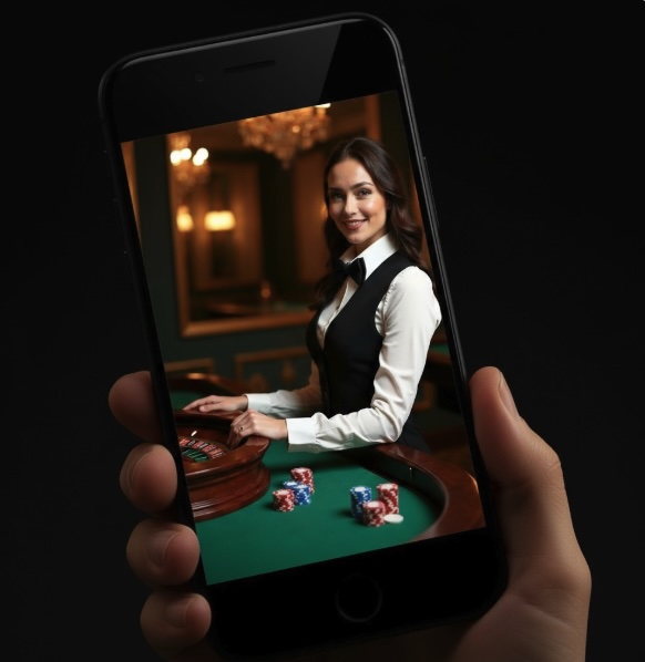 A female croupier smartly dressed standing by a roulette wheel in a casino setting on a mobile phone screen