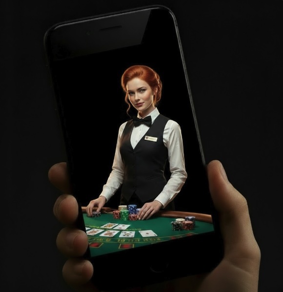 A female croupier standing behind a blackjack table on a mobile phone screen