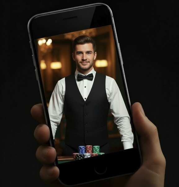 a black background with a mobile in the middle showing a male croupier at a live dealer table