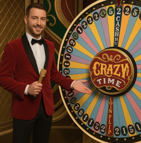 A man dressed in a red and black suit jacket with black trousers and a bow tie standing by an online game show wheel with a microphone in his hand