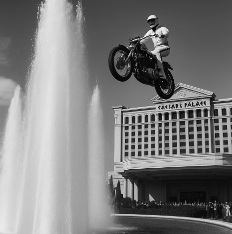 A man dressed in all white riding a motorbike over a fountain outside a hotel in Las Vegas