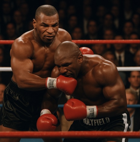 An image of two coloured men having a boxing match in a boxing right surrounded by spectators