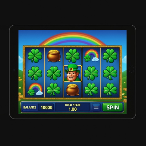 An online screen image on an ipad similar to the Rainbow Riches theme game