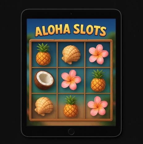 An online screen shot of a game similar to the Aloha slots game on an ipad