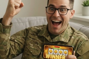 A british soldier wearing his camo uniform sitting on his sofa at home and he has jut won on an online slots game