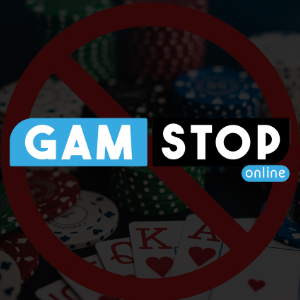 A white background with text in bold saying GAMSTOP in white surrounded by a blue and black border