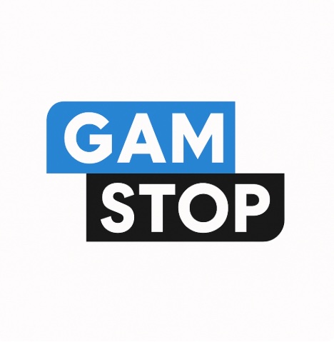 A white background with text in bold saying GAMSTOP in white surrounded by a blue and black border