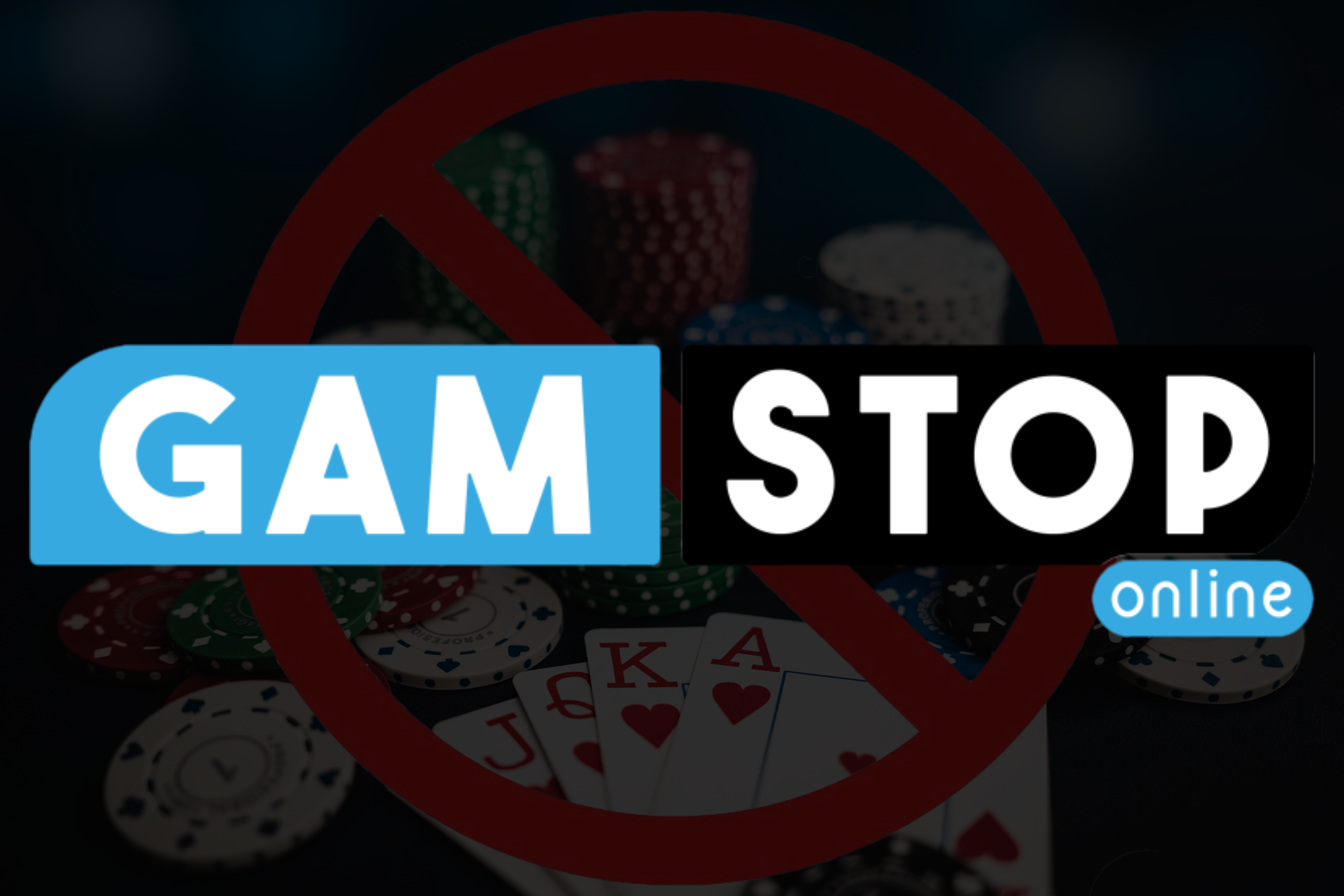 A white background with text in bold saying GAMSTOP in white surrounded by a blue and black border