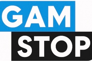 A white background with text in bold saying GAMSTOP in white surrounded by a blue and black border