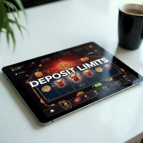 An ipad on an table with an online slot game on the screen and bold white text saying DEPOSIT LIMITS
