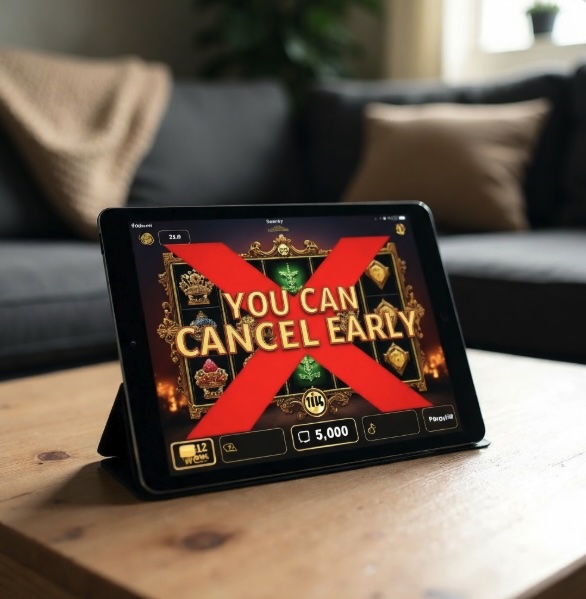 An image of a laptop on a coffee table with an online slots game on the screen and text saying YOU CAN CANCEL EARLY with a red cross through it