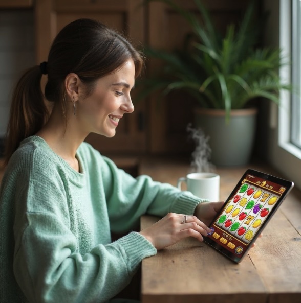 An image of a woman sitting at his table by the window enjoying a hot drink and playing online slots responsibly