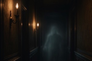 An image of a ghost walking through a narrow coridoor with dim lights on the walls